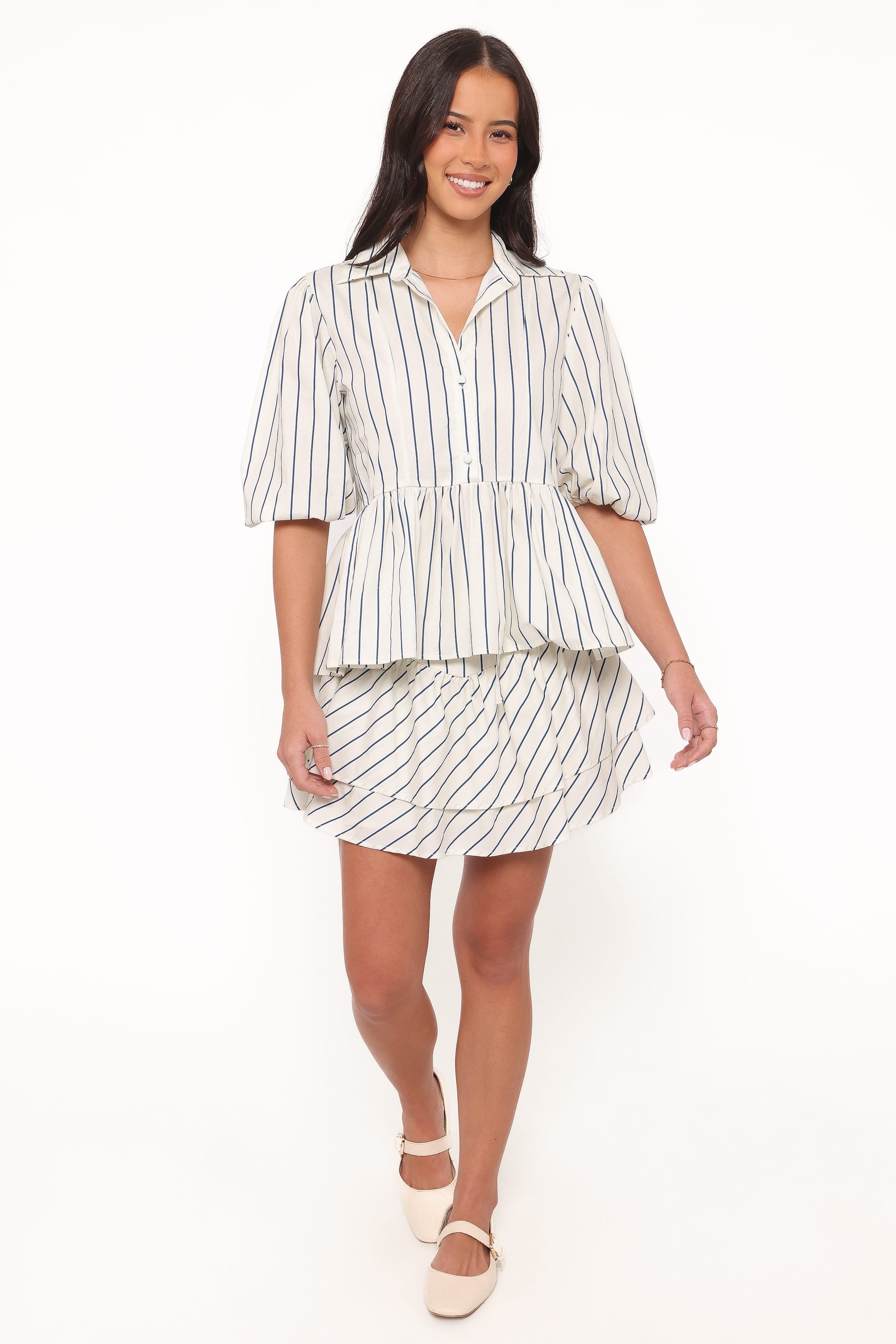 Thomas Short Sleeve Peplum Top - Yellow/Blue Stripe
