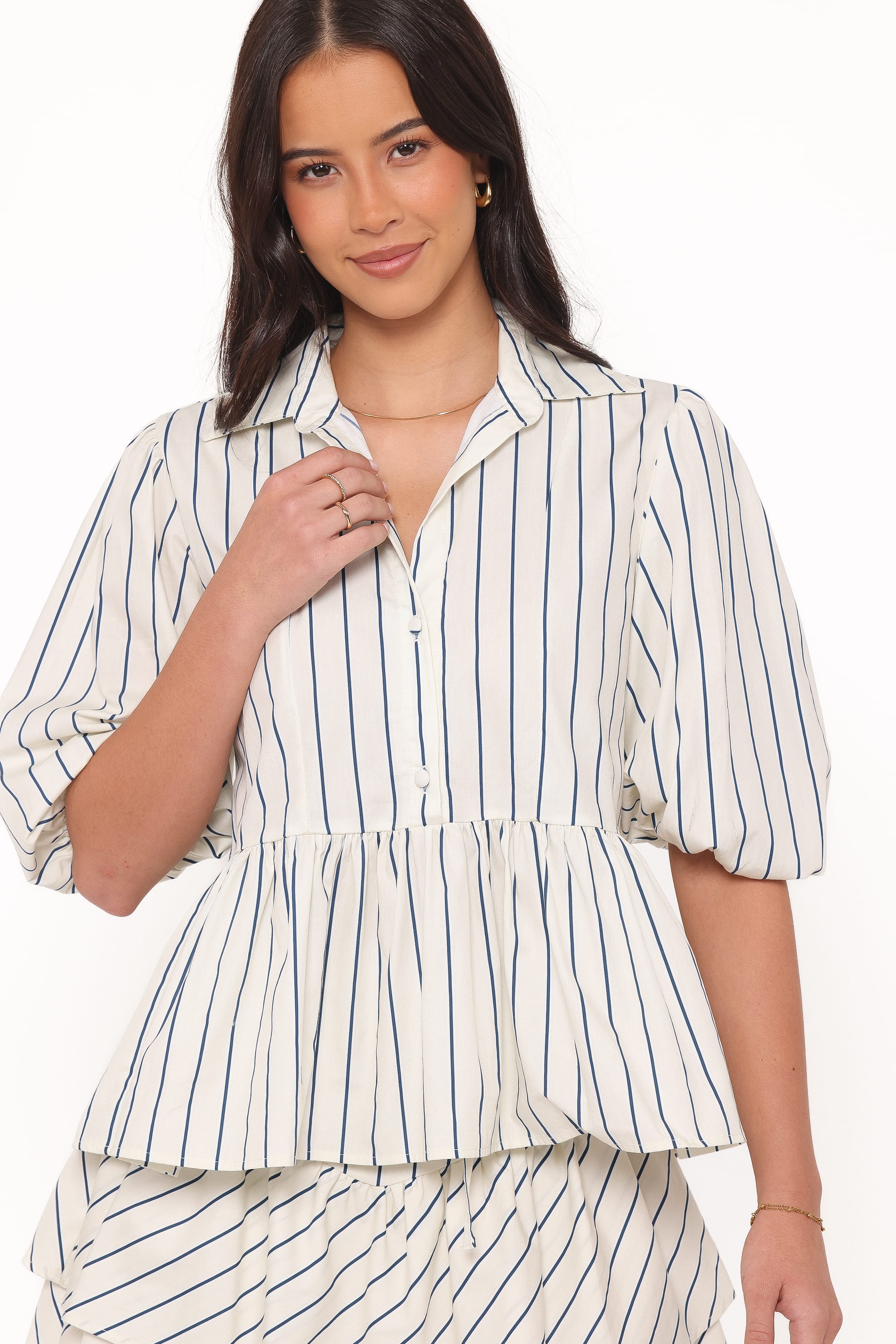 Thomas Short Sleeve Peplum Top - Yellow/Blue Stripe
