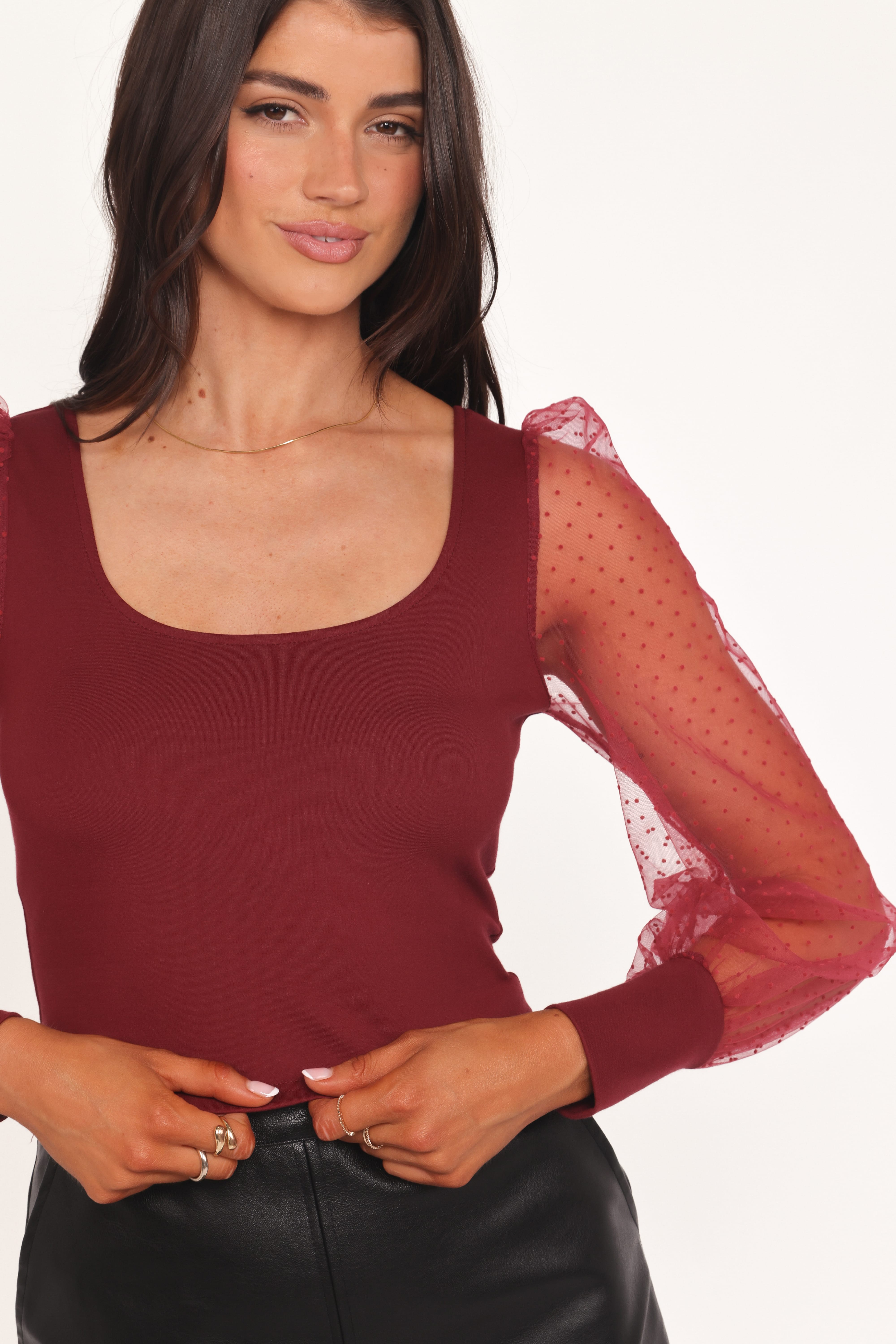 Wesson Sheer Sleeve Top - Merlot