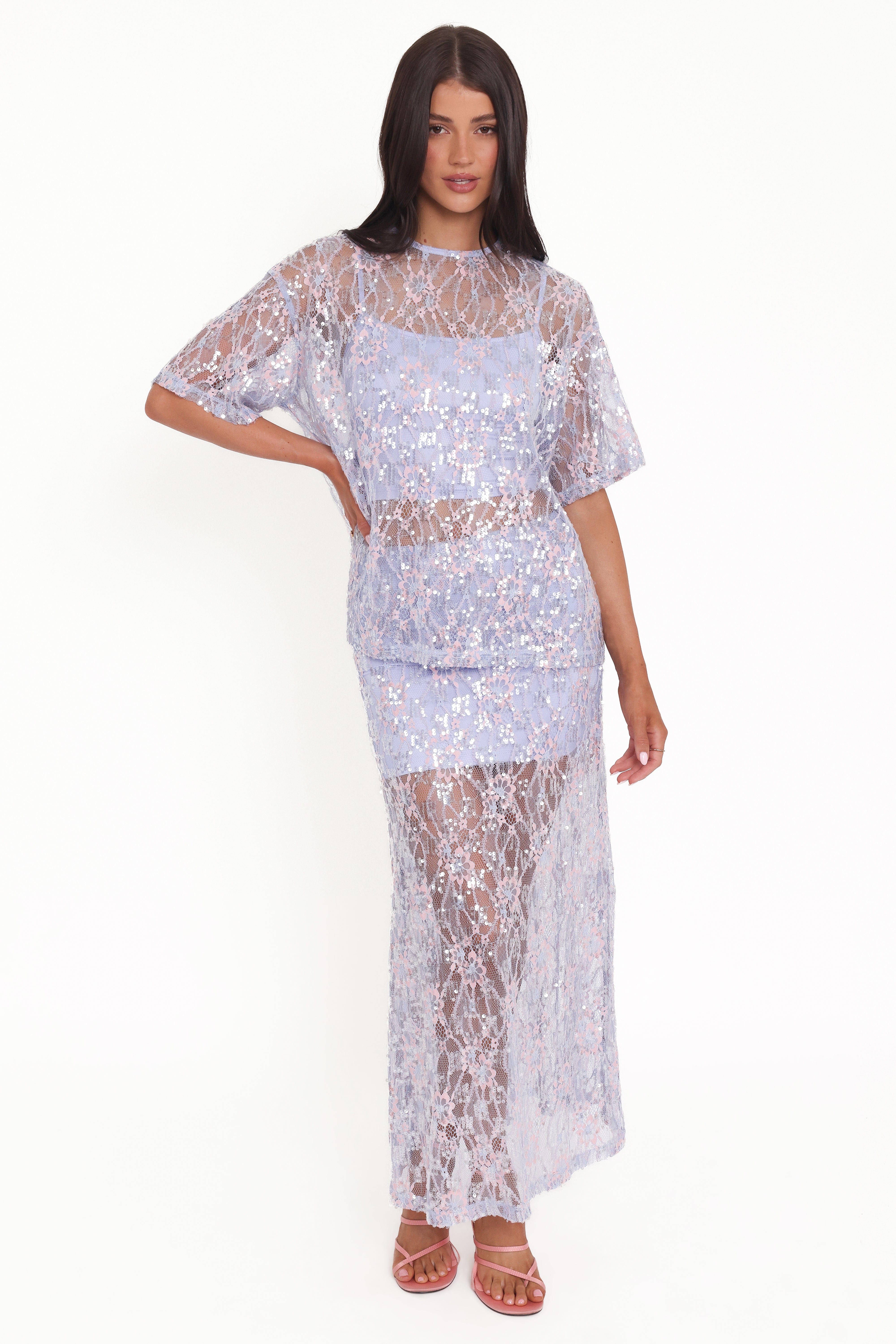 Yonder Sheer Lace Tee Top - Purple