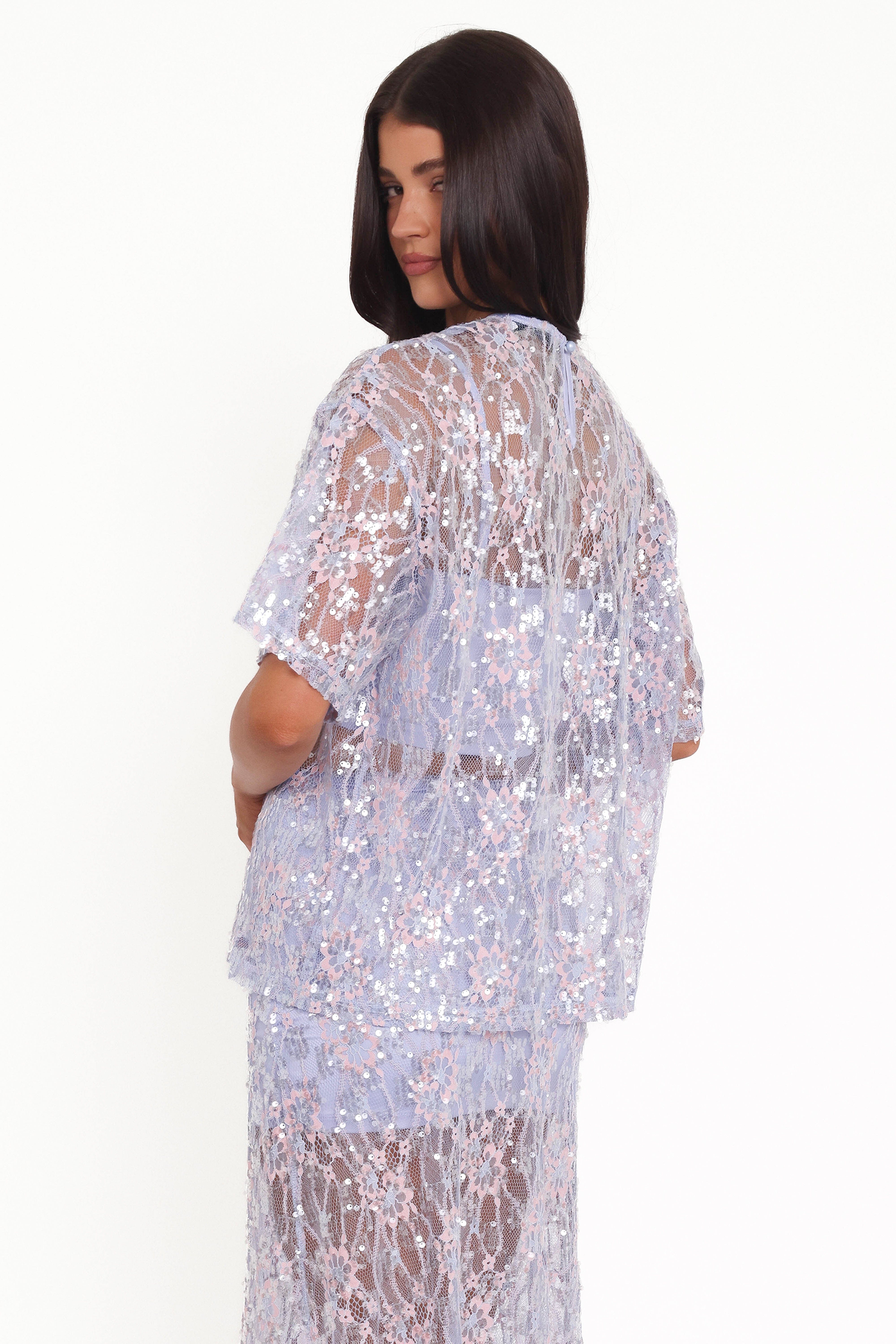 Yonder Sheer Lace Tee Top - Purple