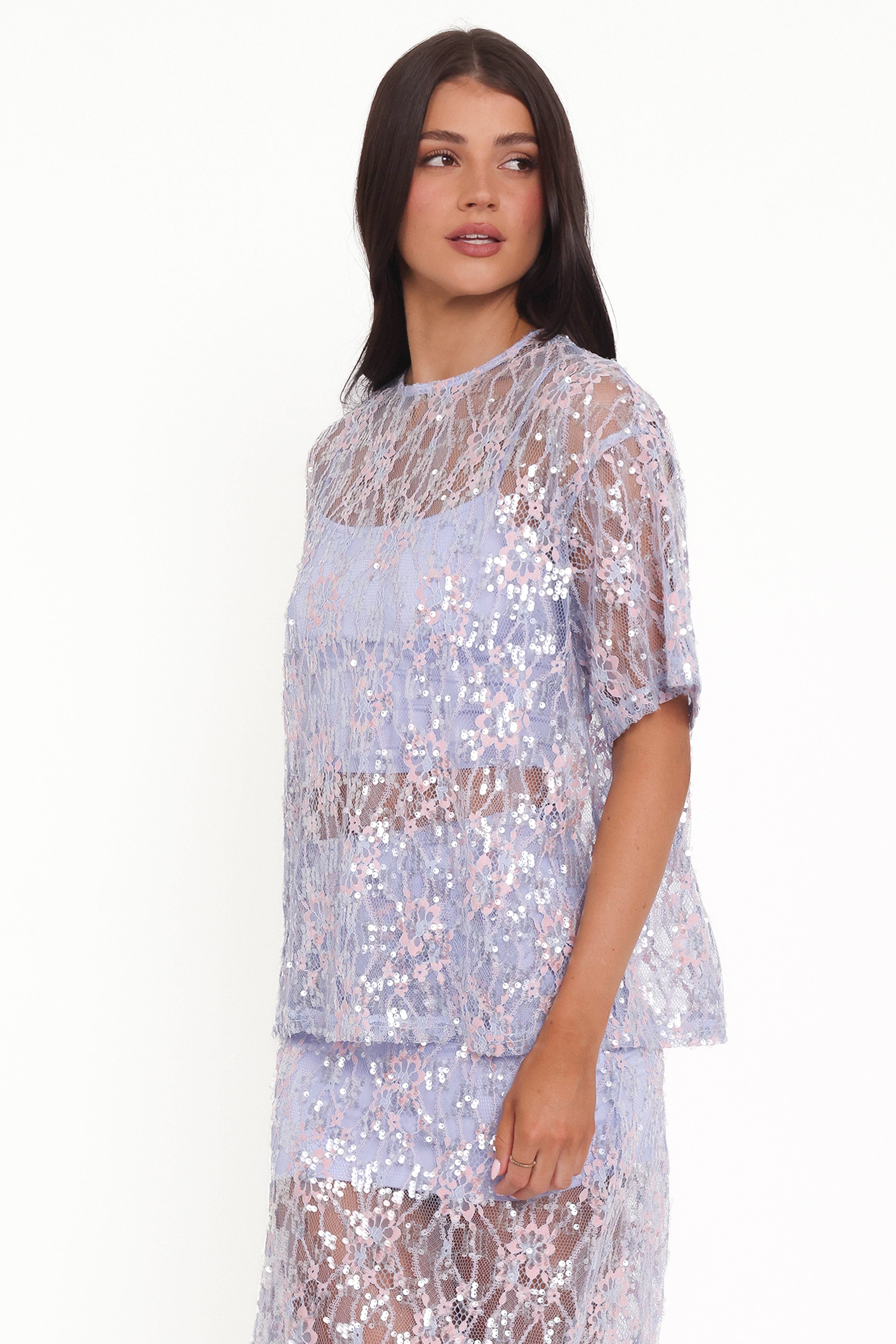 Yonder Sheer Lace Tee Top - Purple
