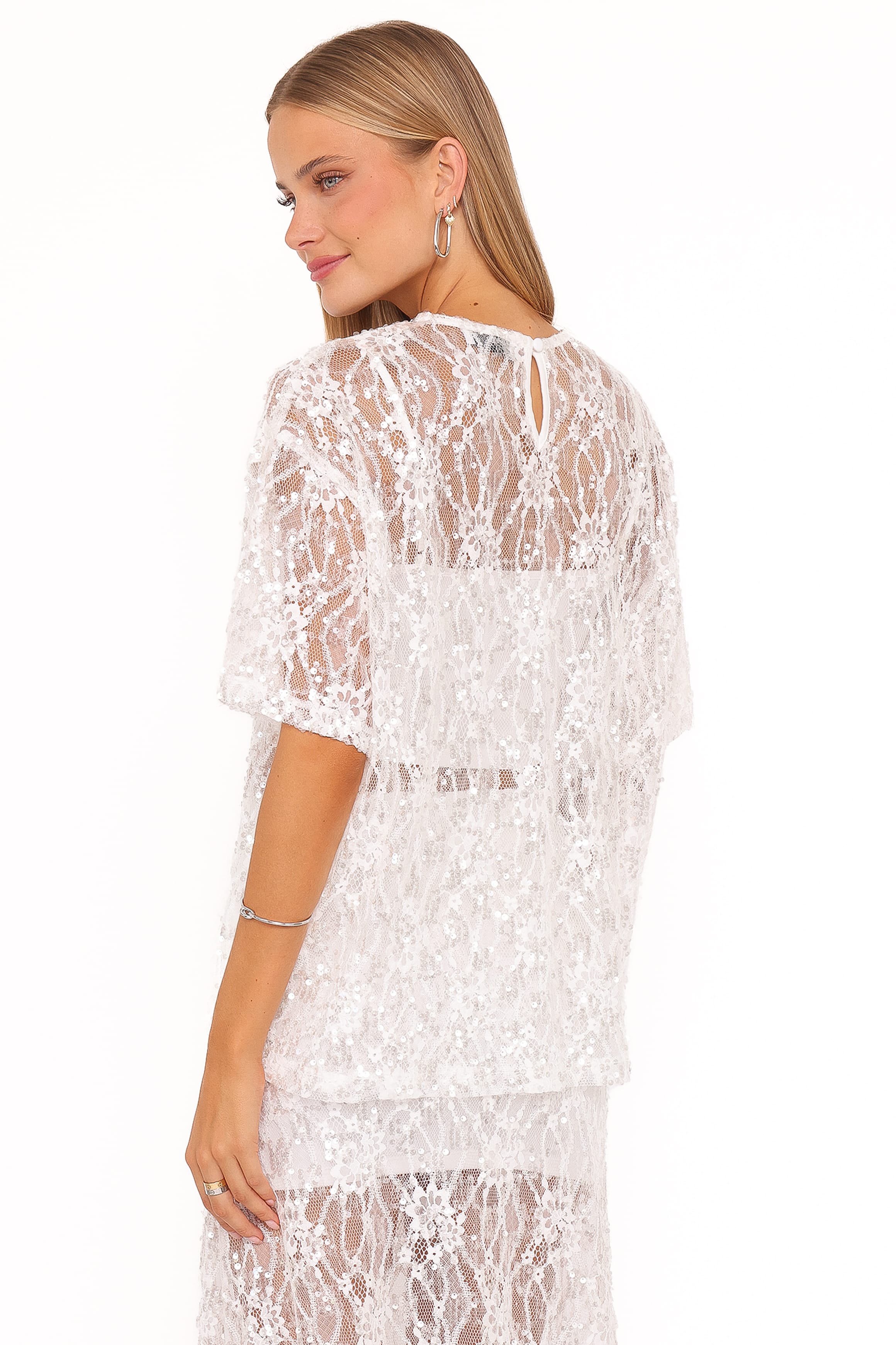 Yonder Sheer Lace Tee Top - White
