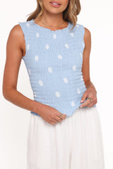 Zoya Shirred Top - Blue Polka Dot