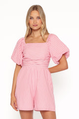 Clo Puff Sleeve Romper - Pink Stripe