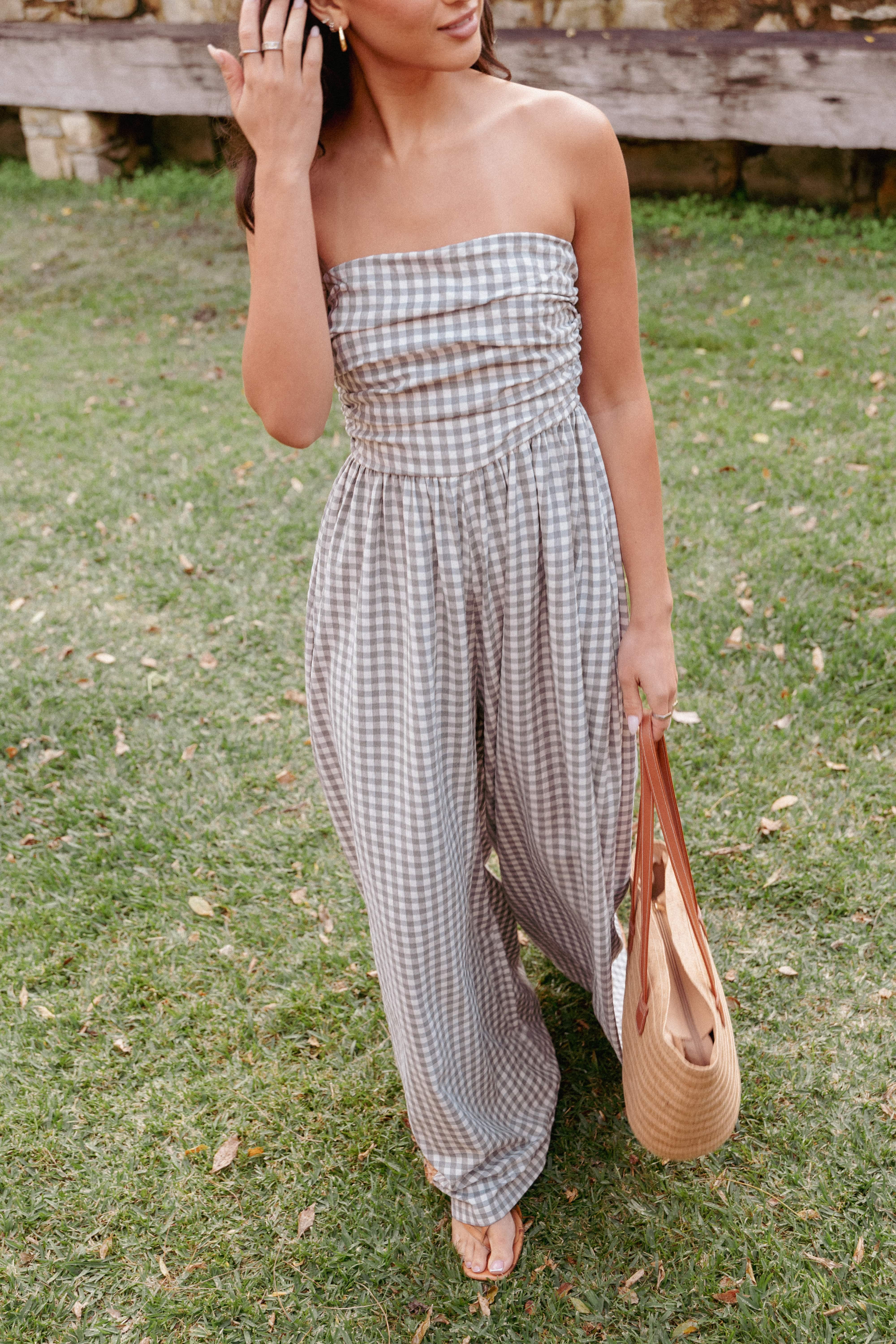Paige Strapless Jumpsuit - Black White Gingham