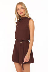 Zaia Belted Knit Romper - Chocolate Brown
