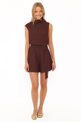 Zaia Belted Knit Romper - Chocolate Brown