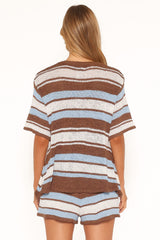 Aisling Knitted Short Set - Blue Brown Stripe