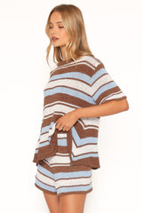 Aisling Knitted Short Set - Blue Brown Stripe