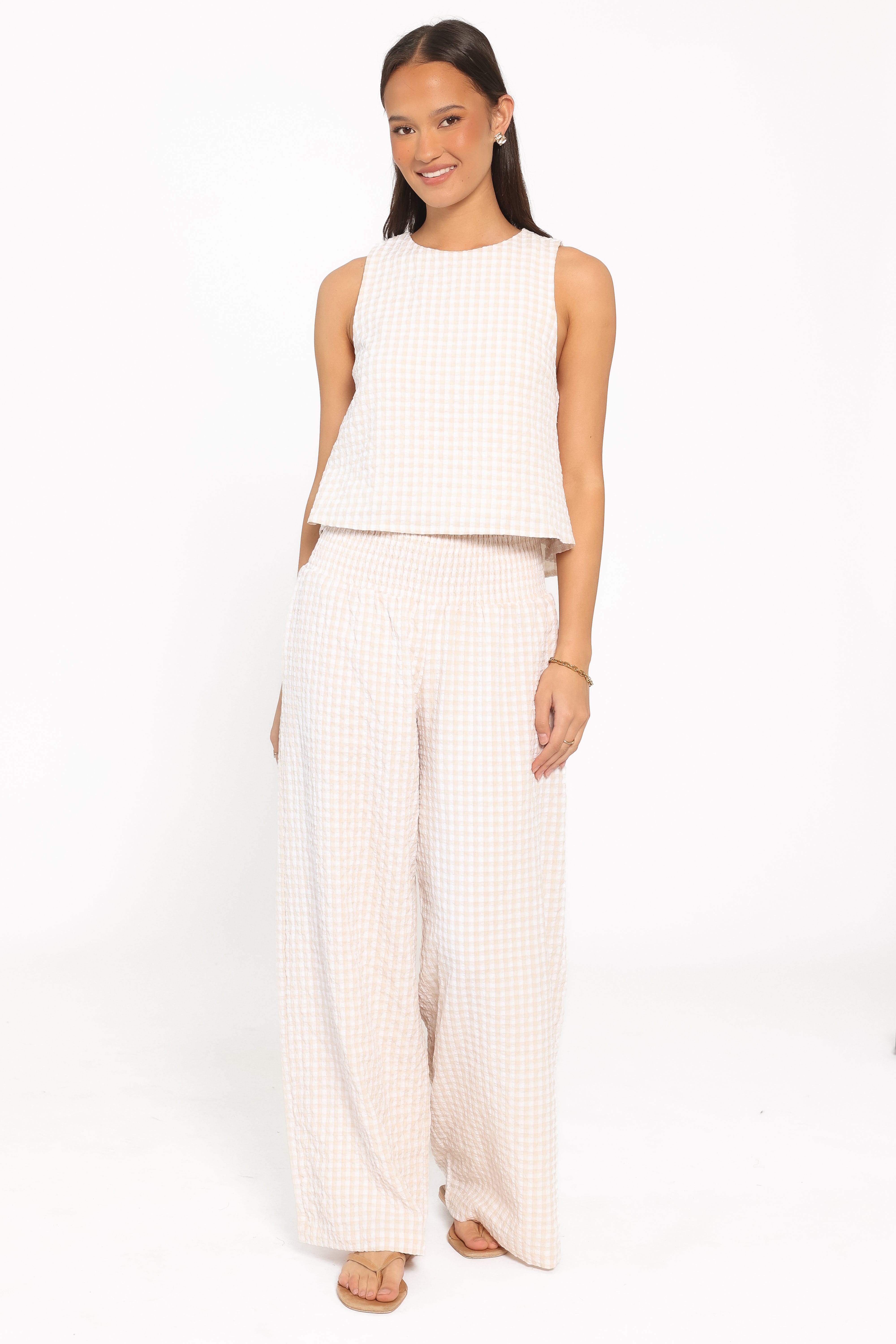 Jillian Smocked Pant Set - Beige Gingham