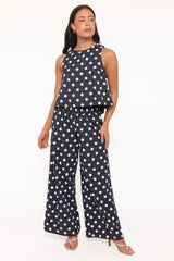 Jillian Smocked Pant Set - Navy Polka Dot