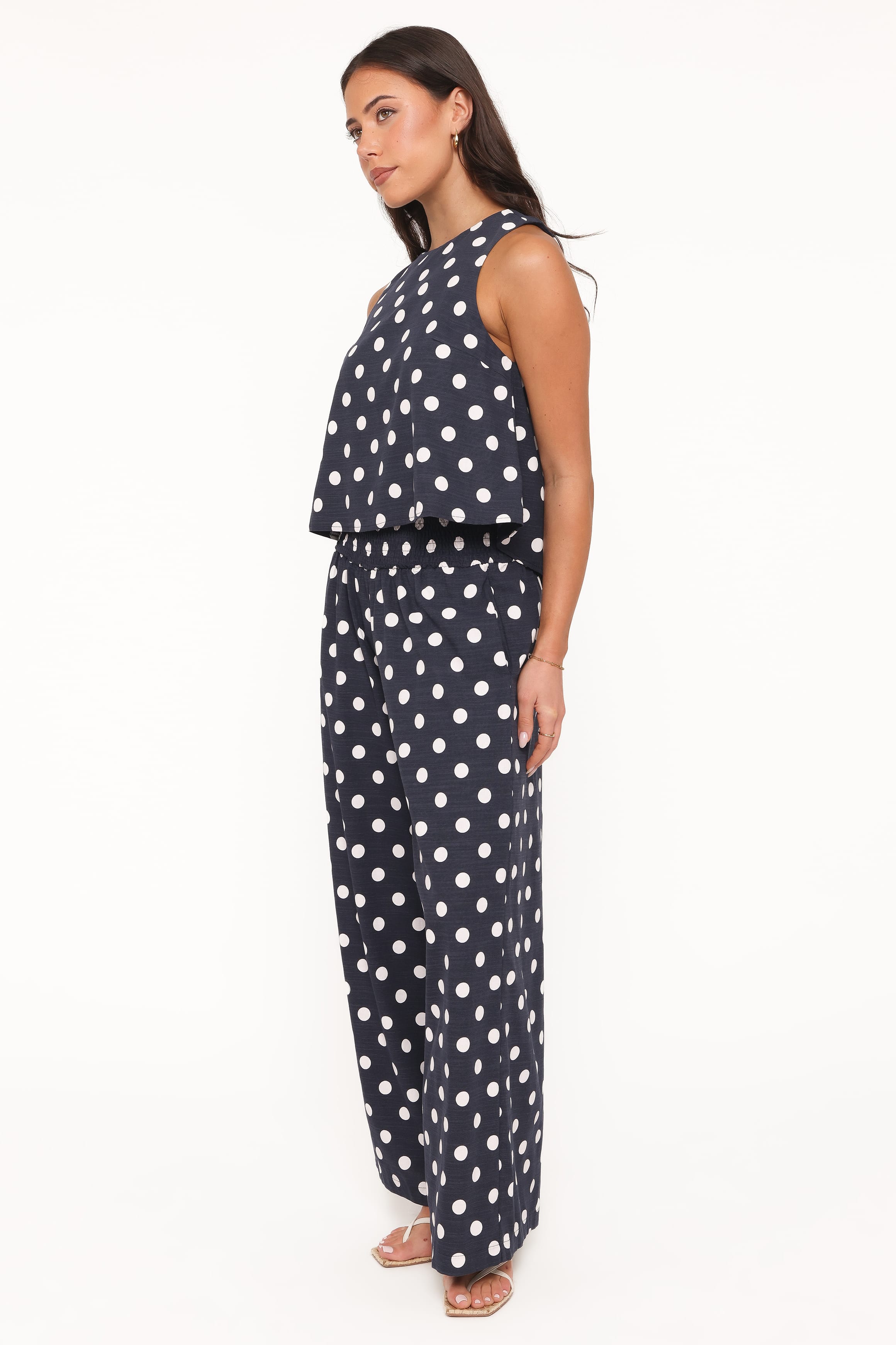Jillian Smocked Pant Set - Navy Polka Dot