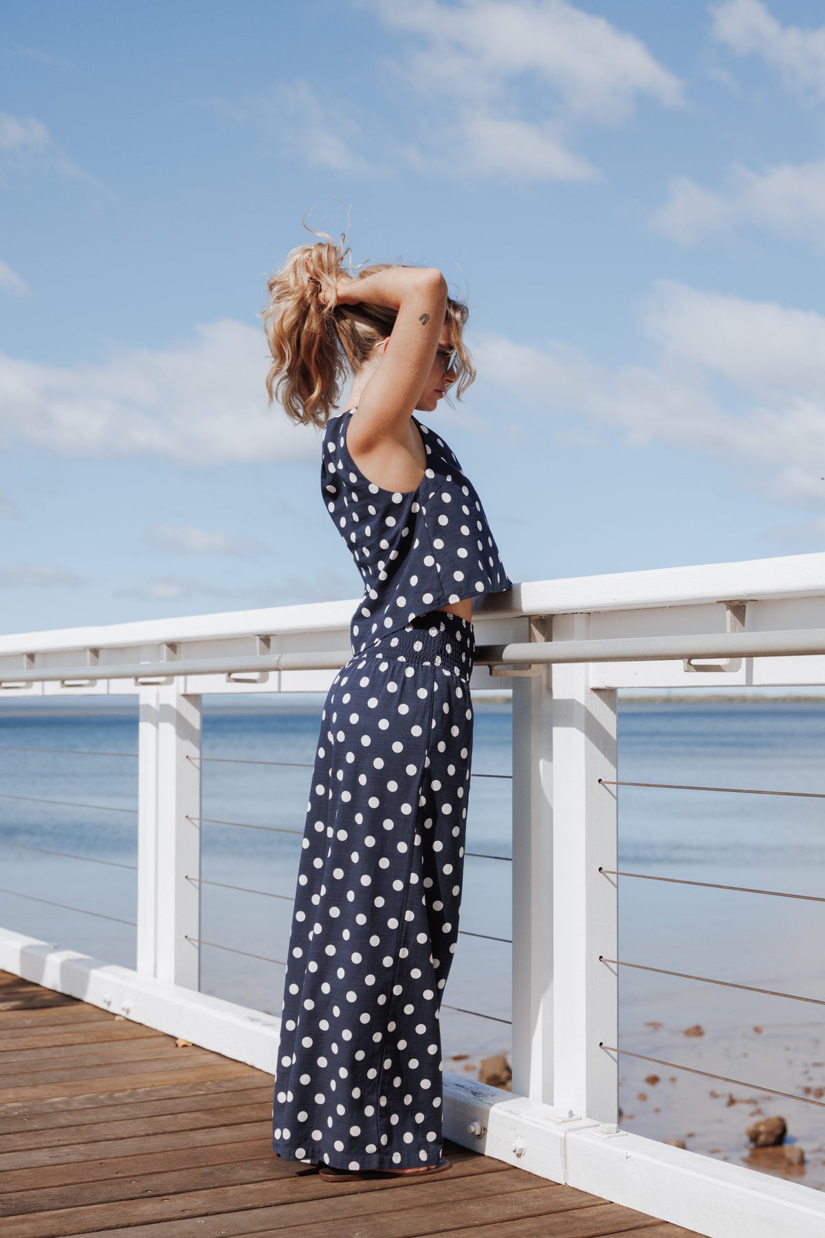Jillian Smocked Pant Set - Navy Polka Dot