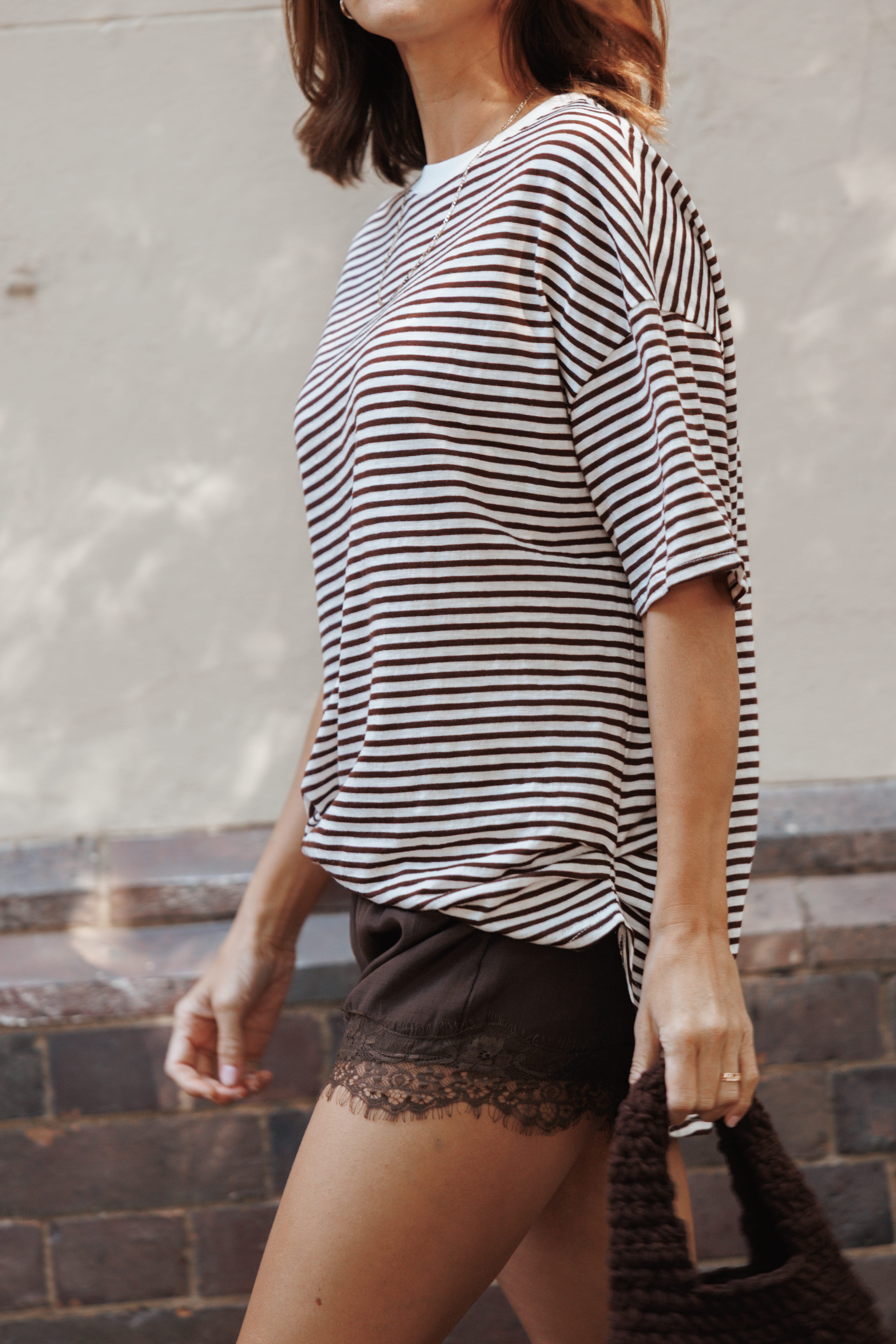 Mairead Lace Short Set - Chocolate Stripe