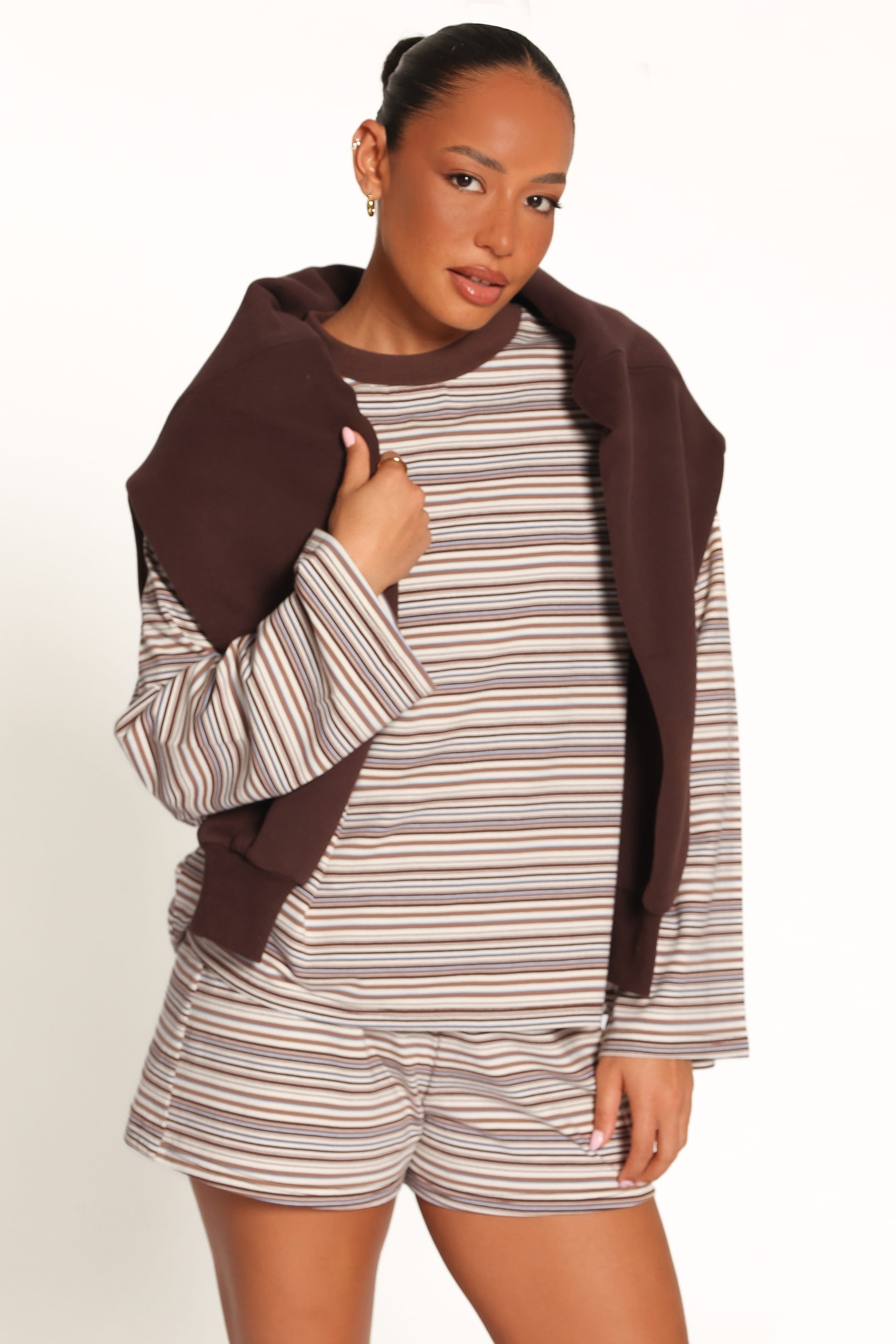 Silvia Knit Short Set - Chocolate Brown Stripe