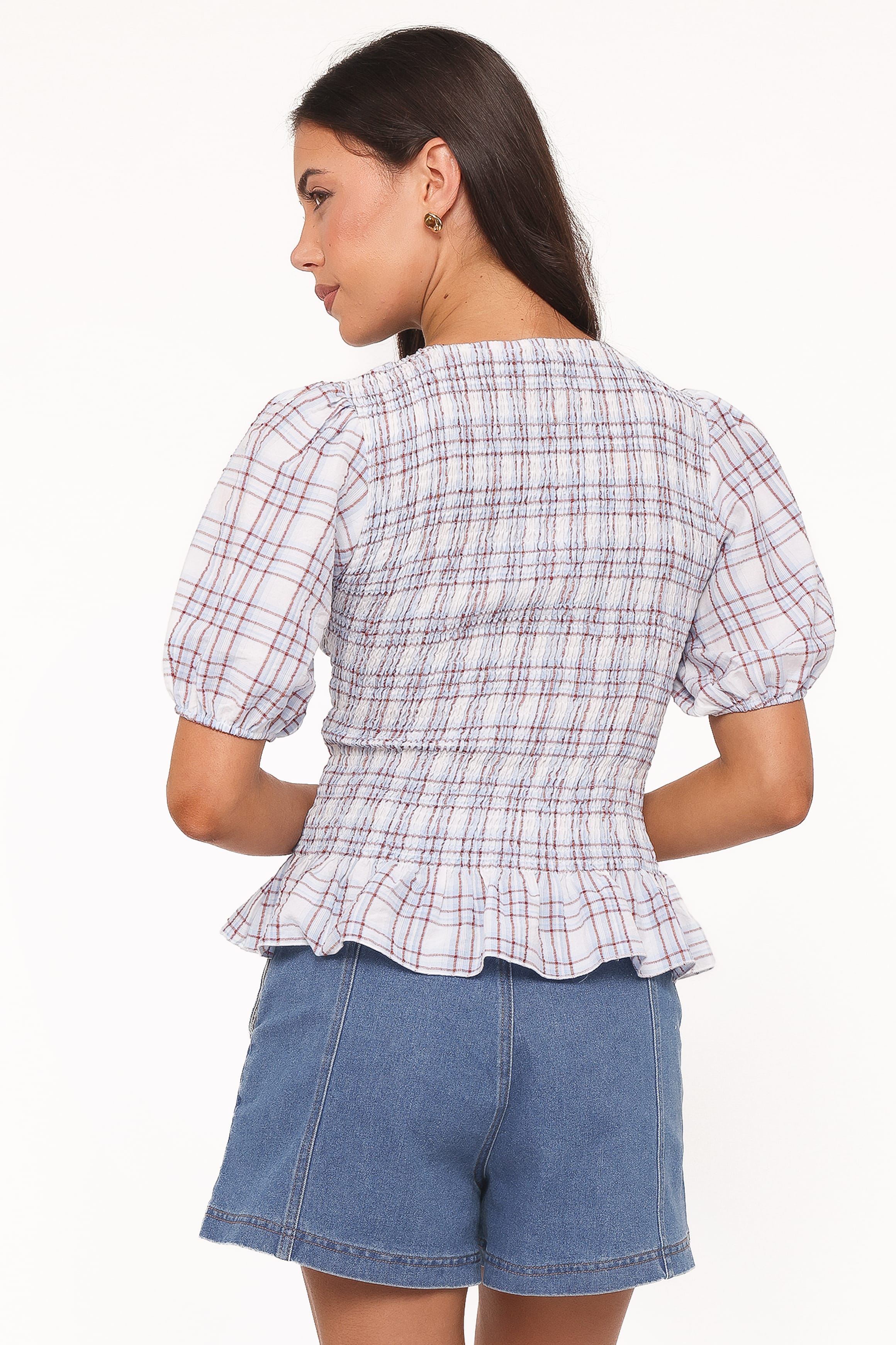 Callista Shirred Waist Top - Light Blue Plaid