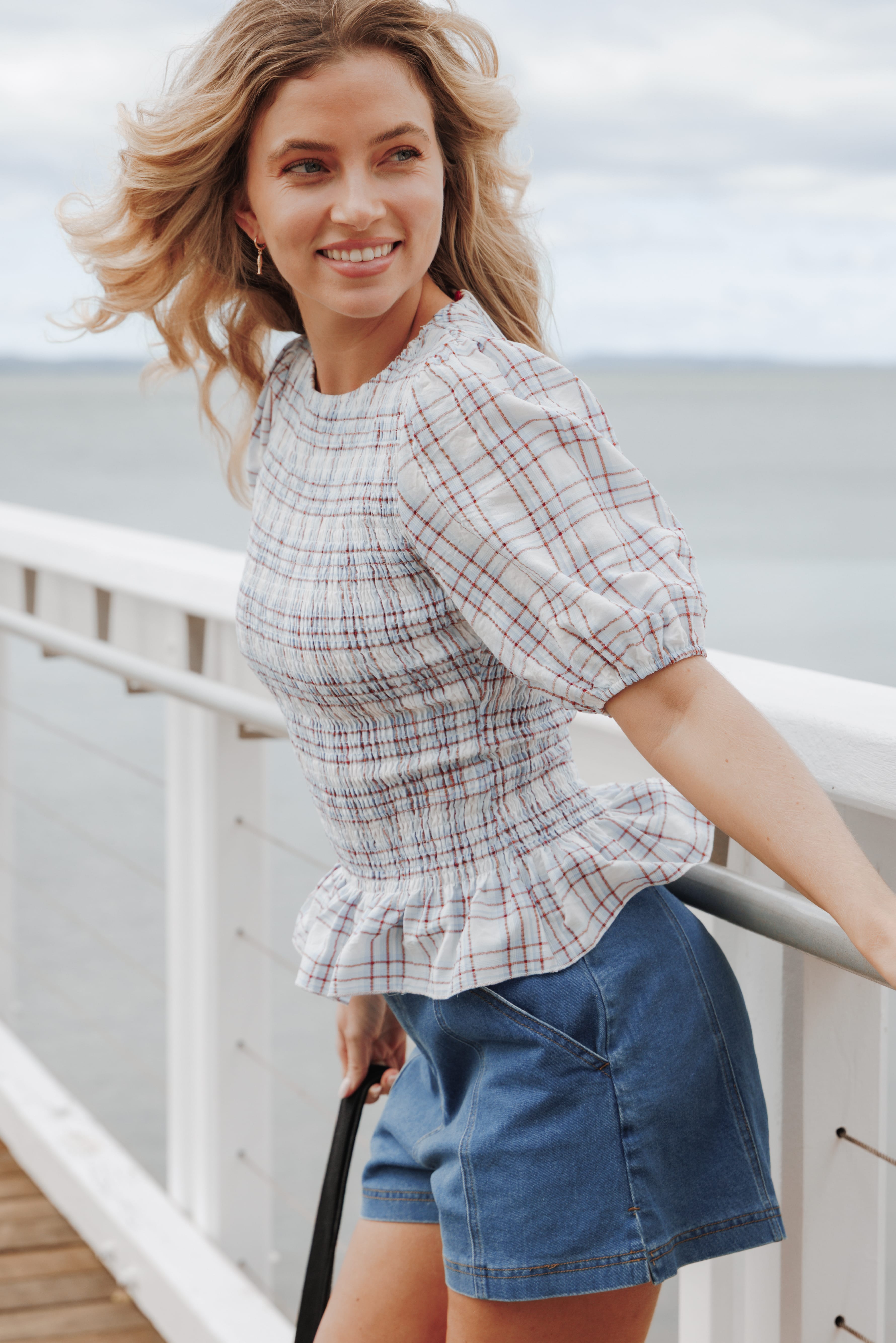Callista Shirred Waist Top - Light Blue Plaid
