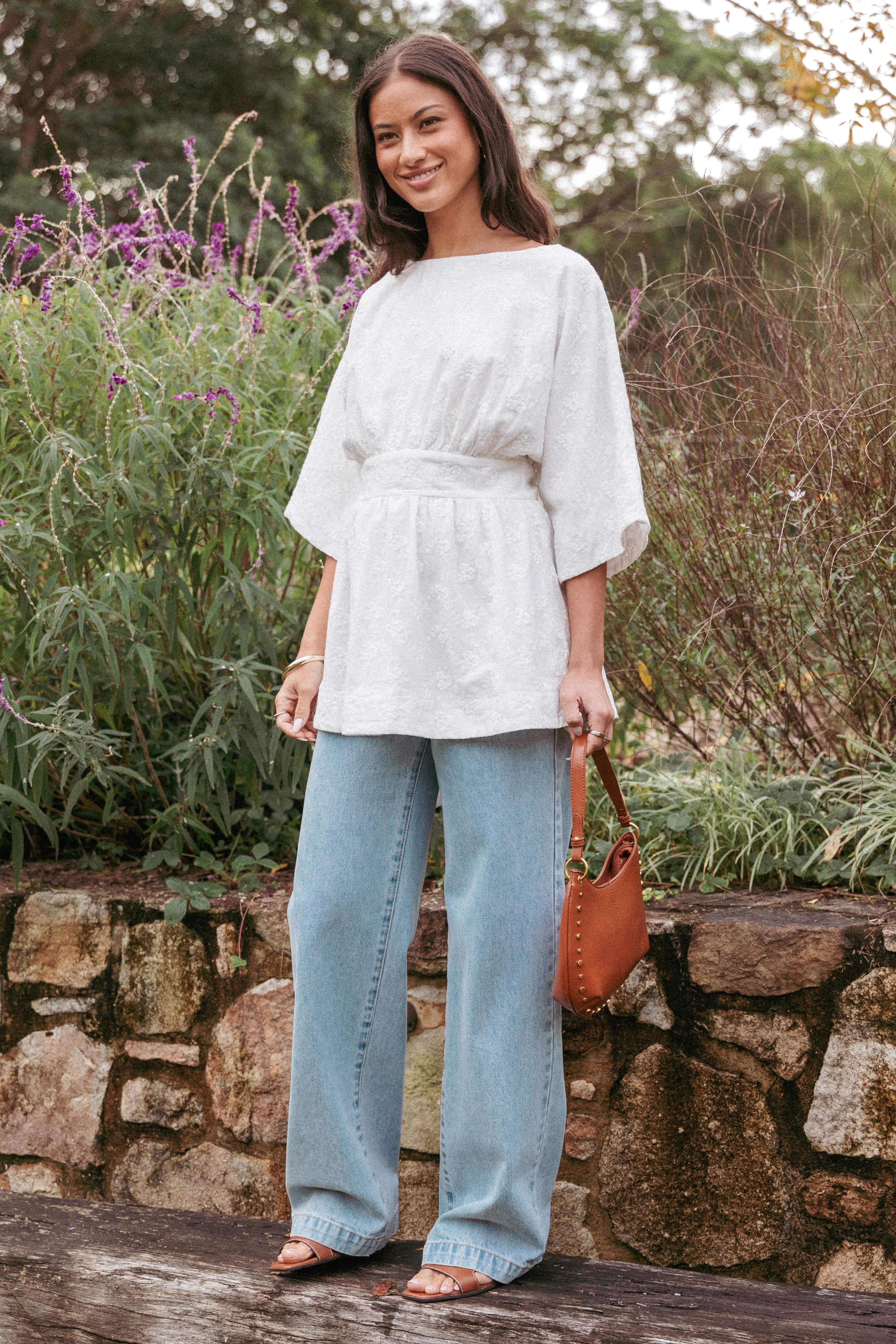 Camila Open Back Top - White Embroidery