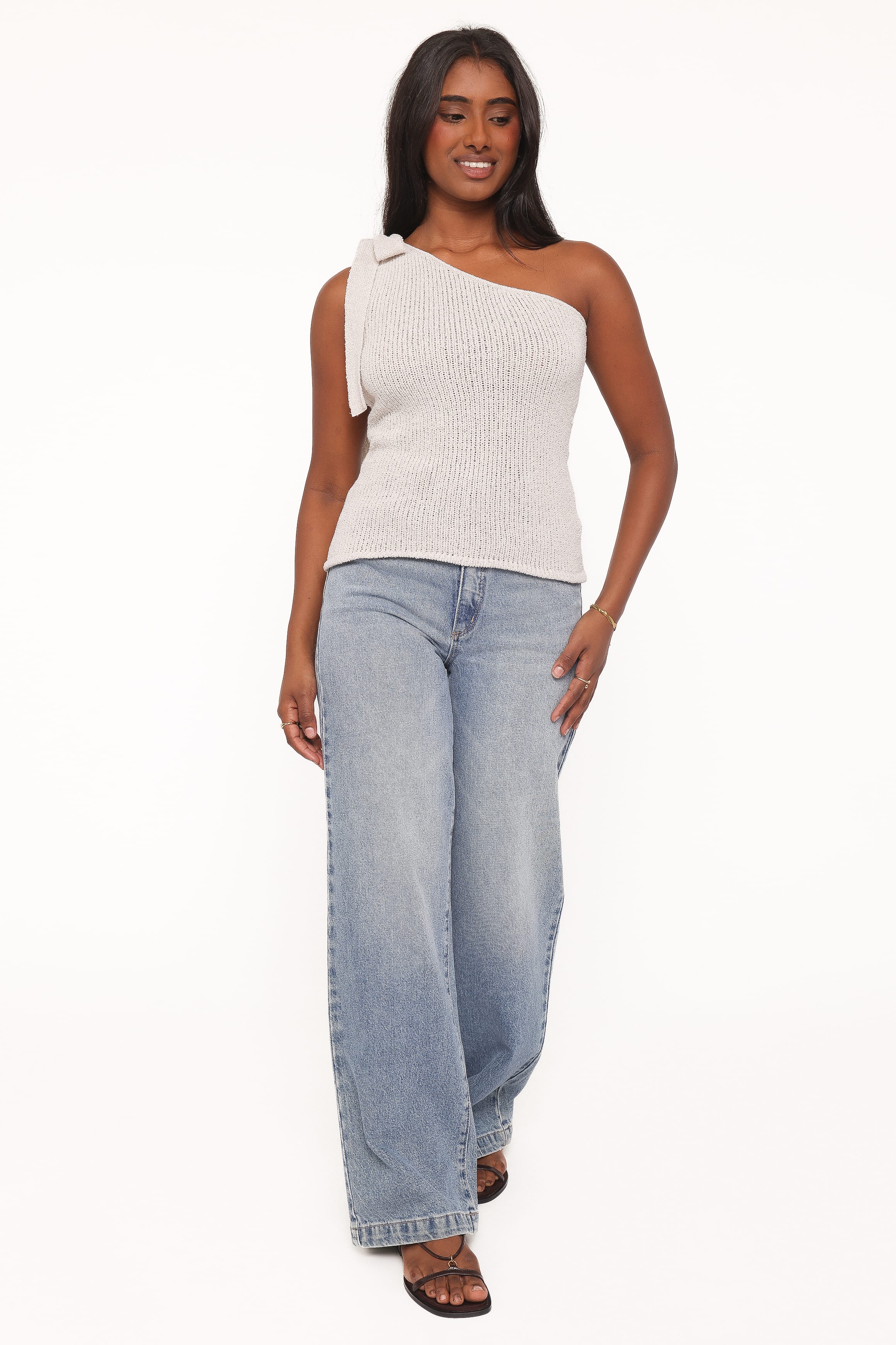 Jutta One Shoulder Knit Top - Beige