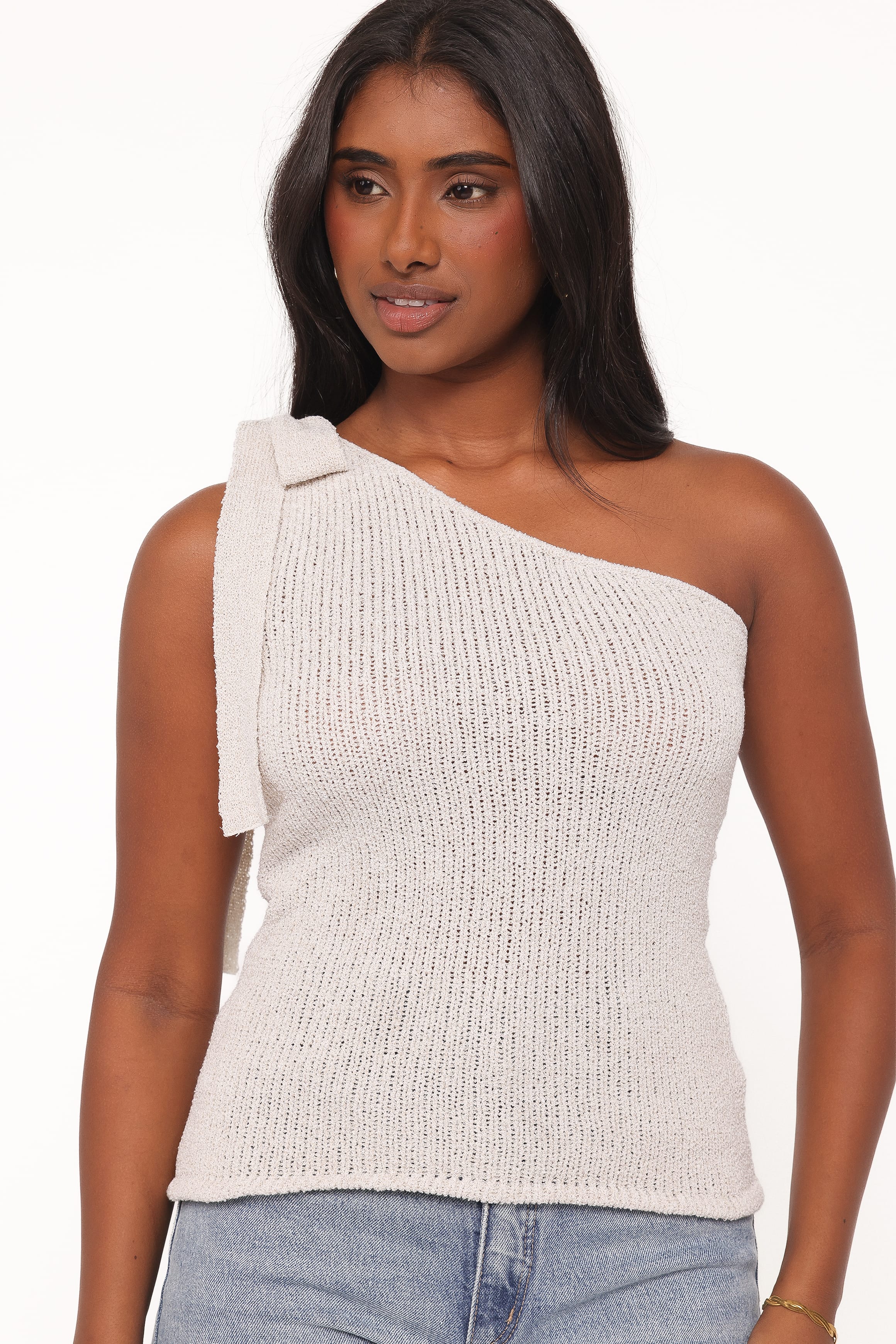 Jutta One Shoulder Knit Top - Beige