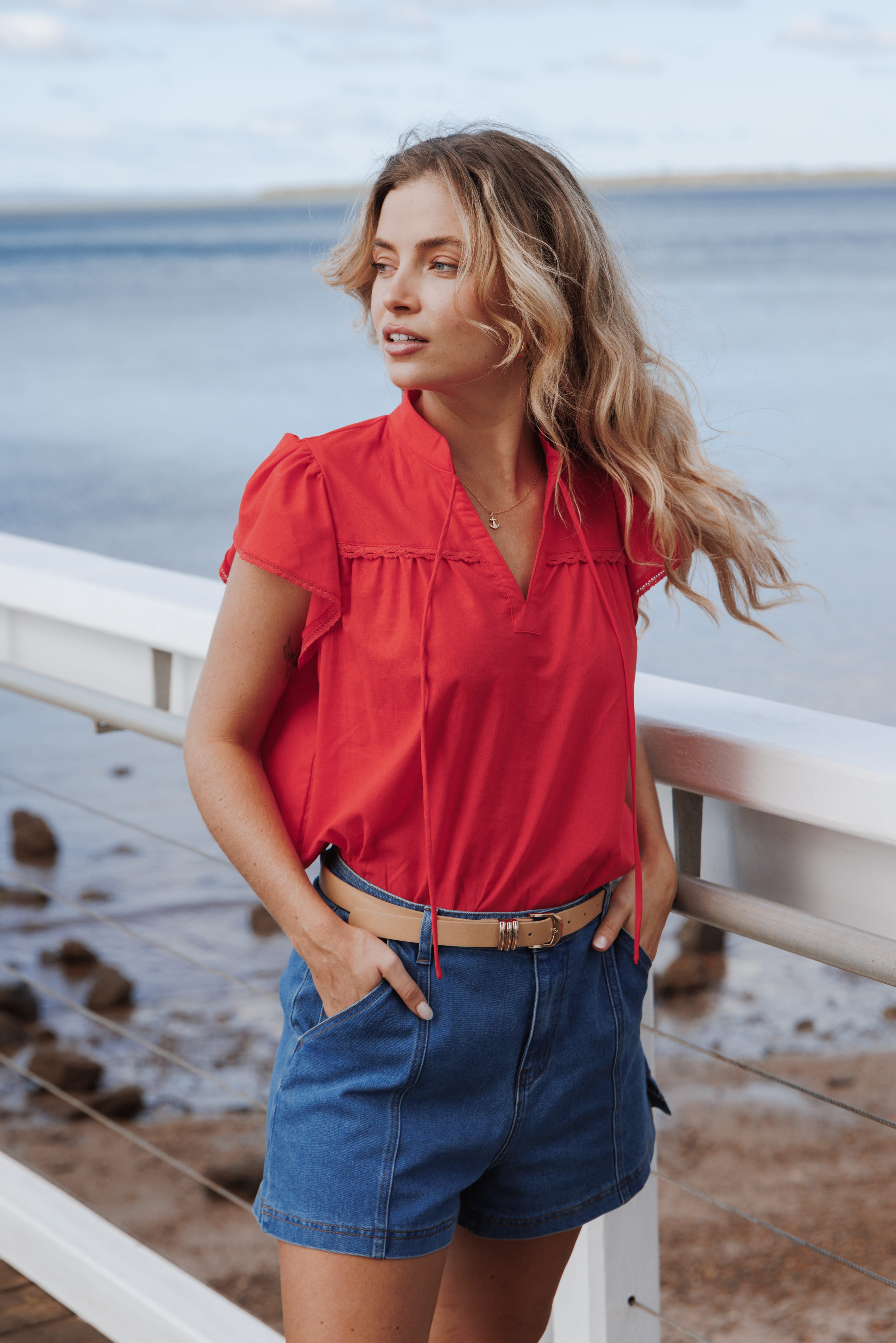 Kylie Flutter Sleeve Top - Red