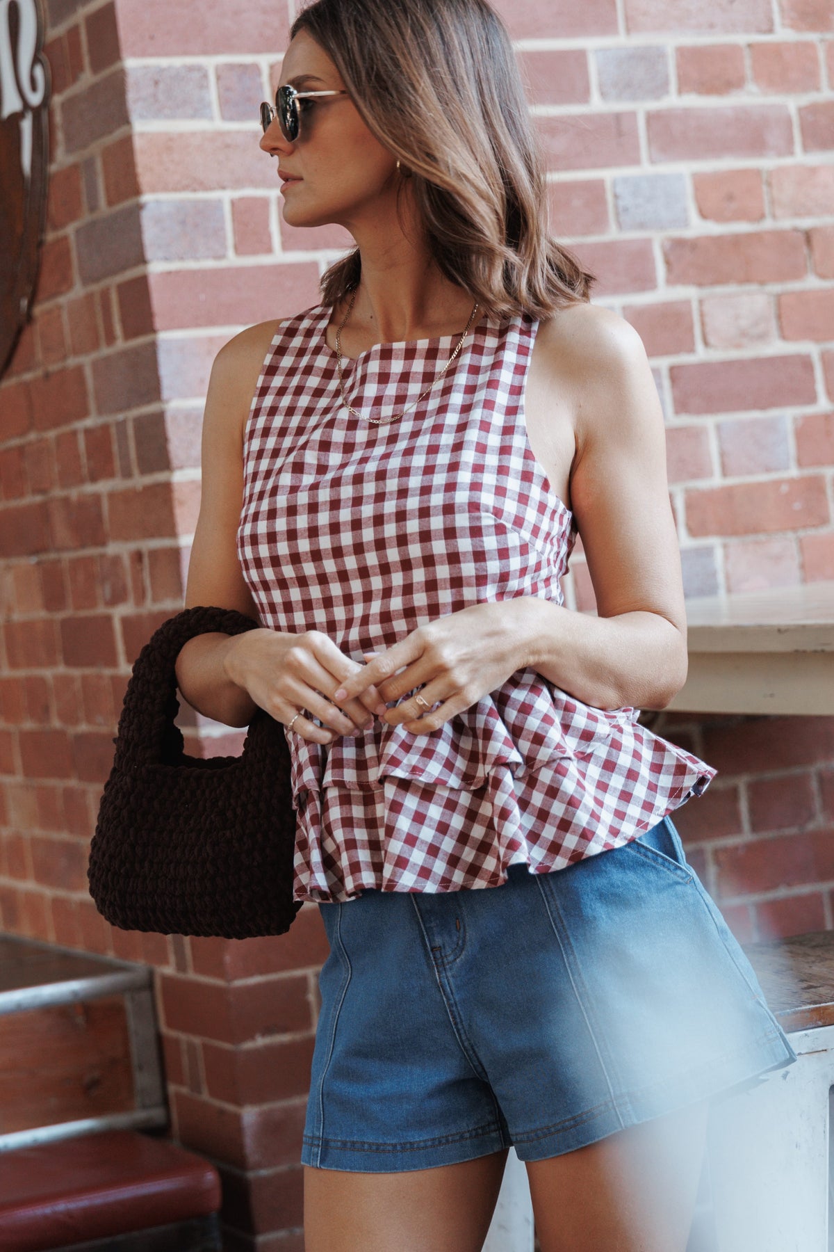 Landon Tiered Peplum Top - Burgundy Gingham