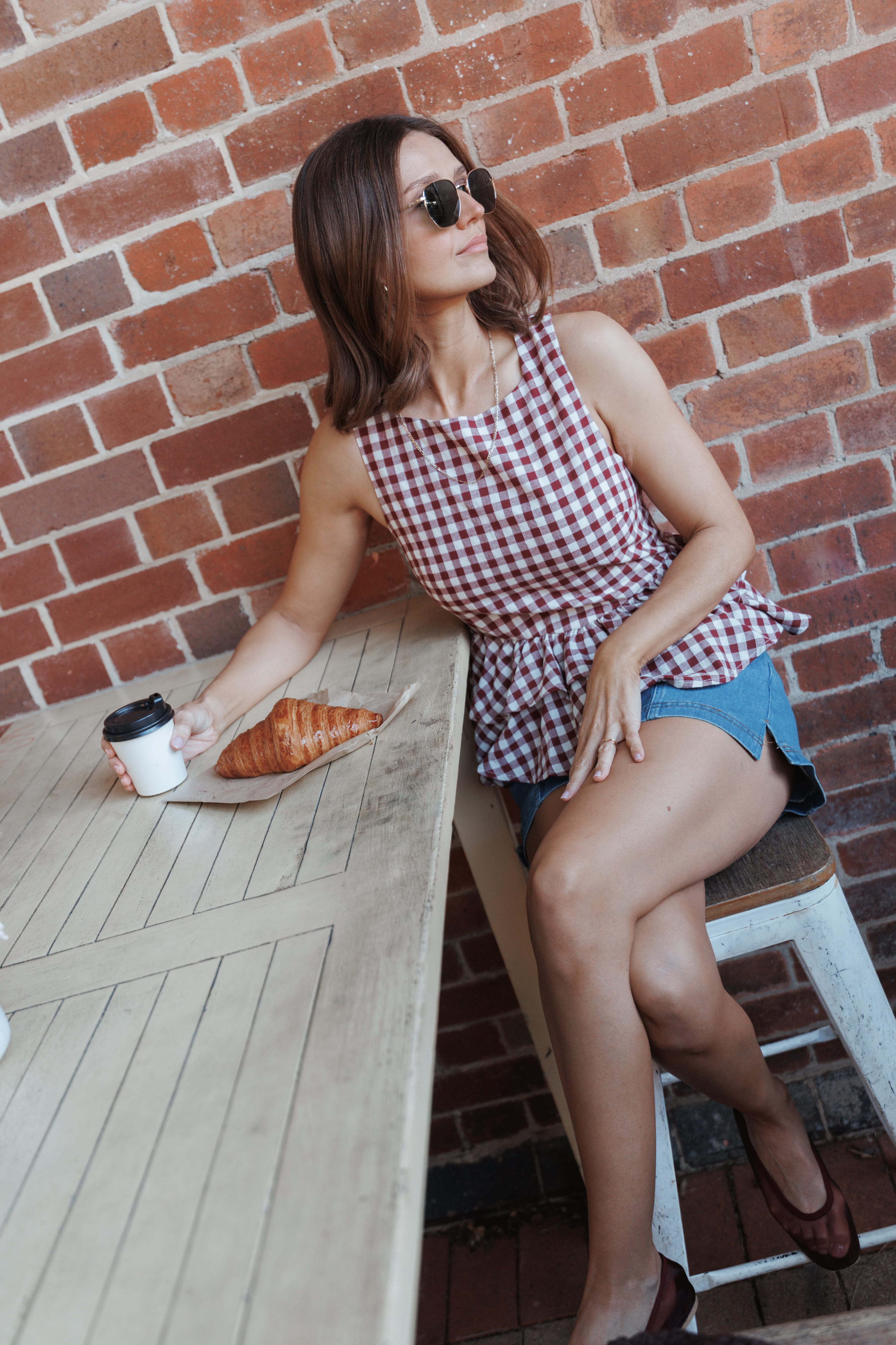 Landon Tiered Peplum Top - Burgundy Gingham