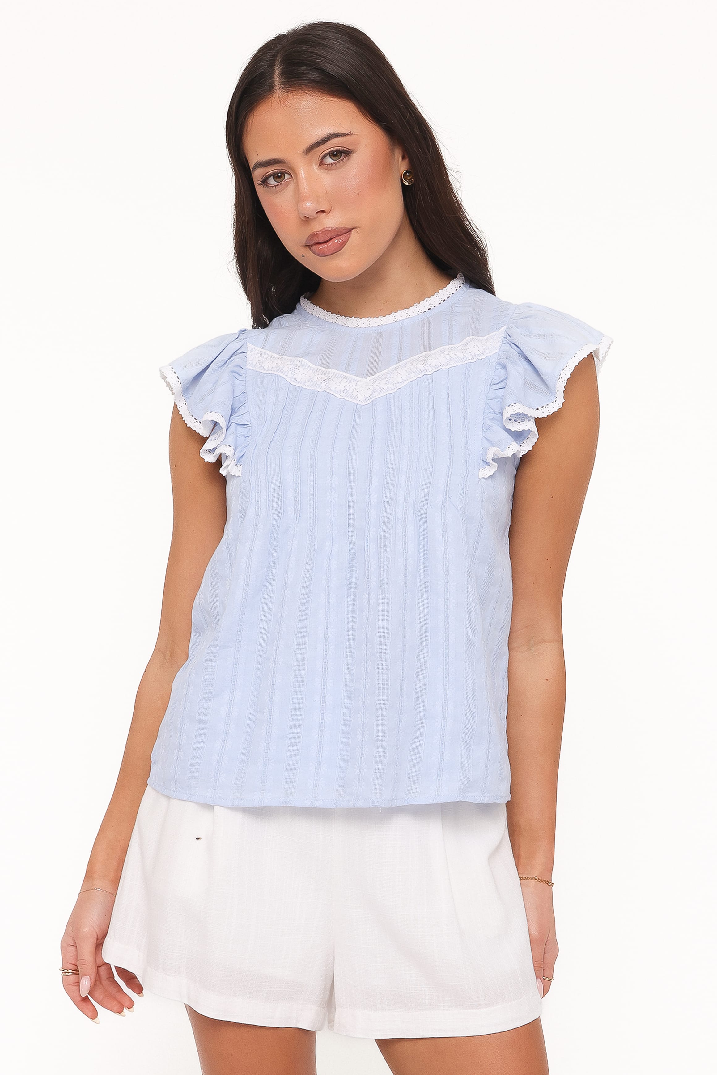 Laoise Lace Inset Ruffle Top - Light Blue