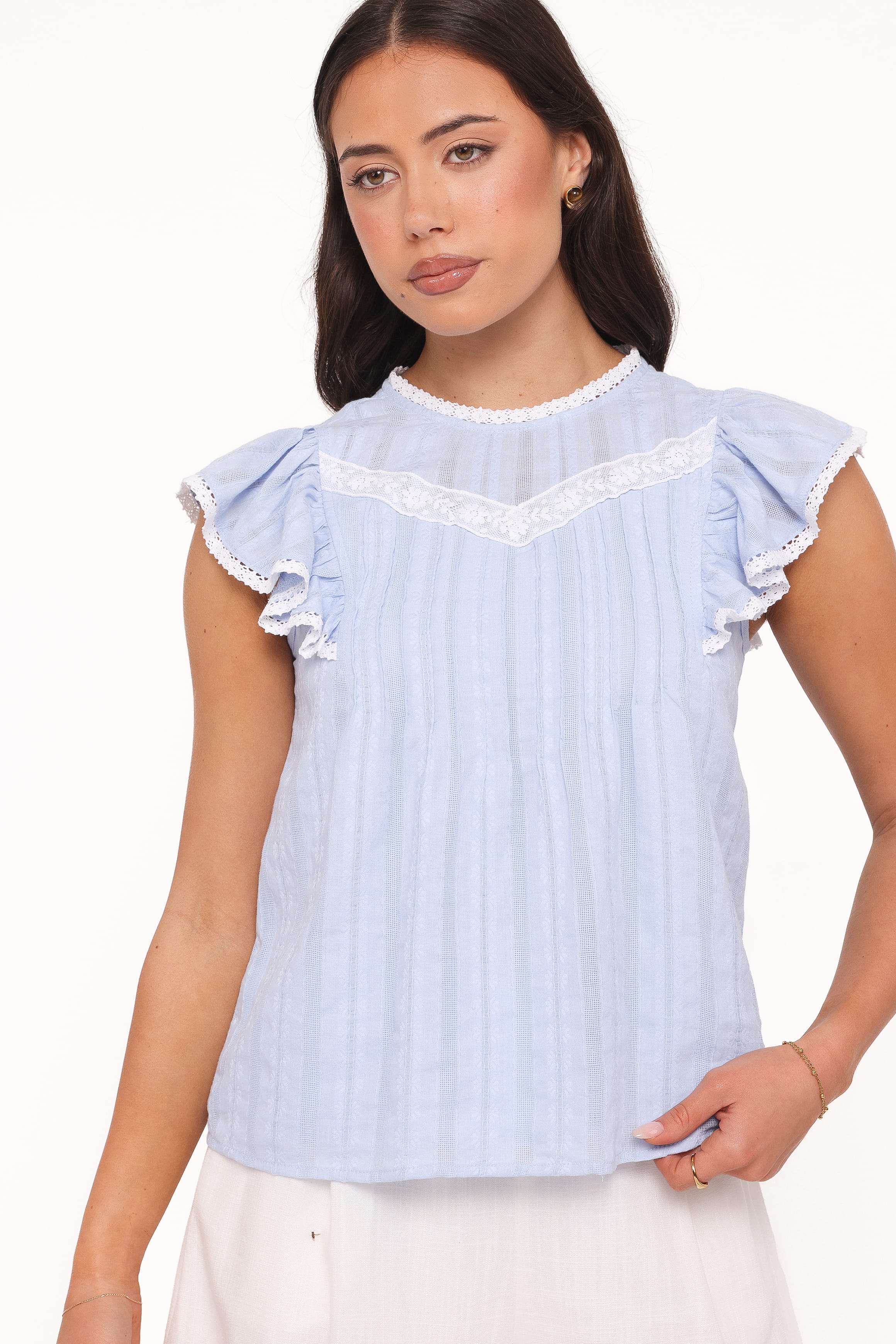 Laoise Lace Inset Ruffle Top - Light Blue