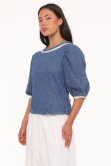 Merli Denim Open Back Top - Blue Medium Wash
