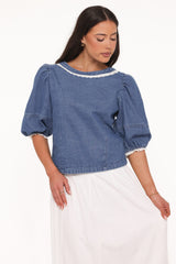 Merli Denim Open Back Top - Blue Medium Wash