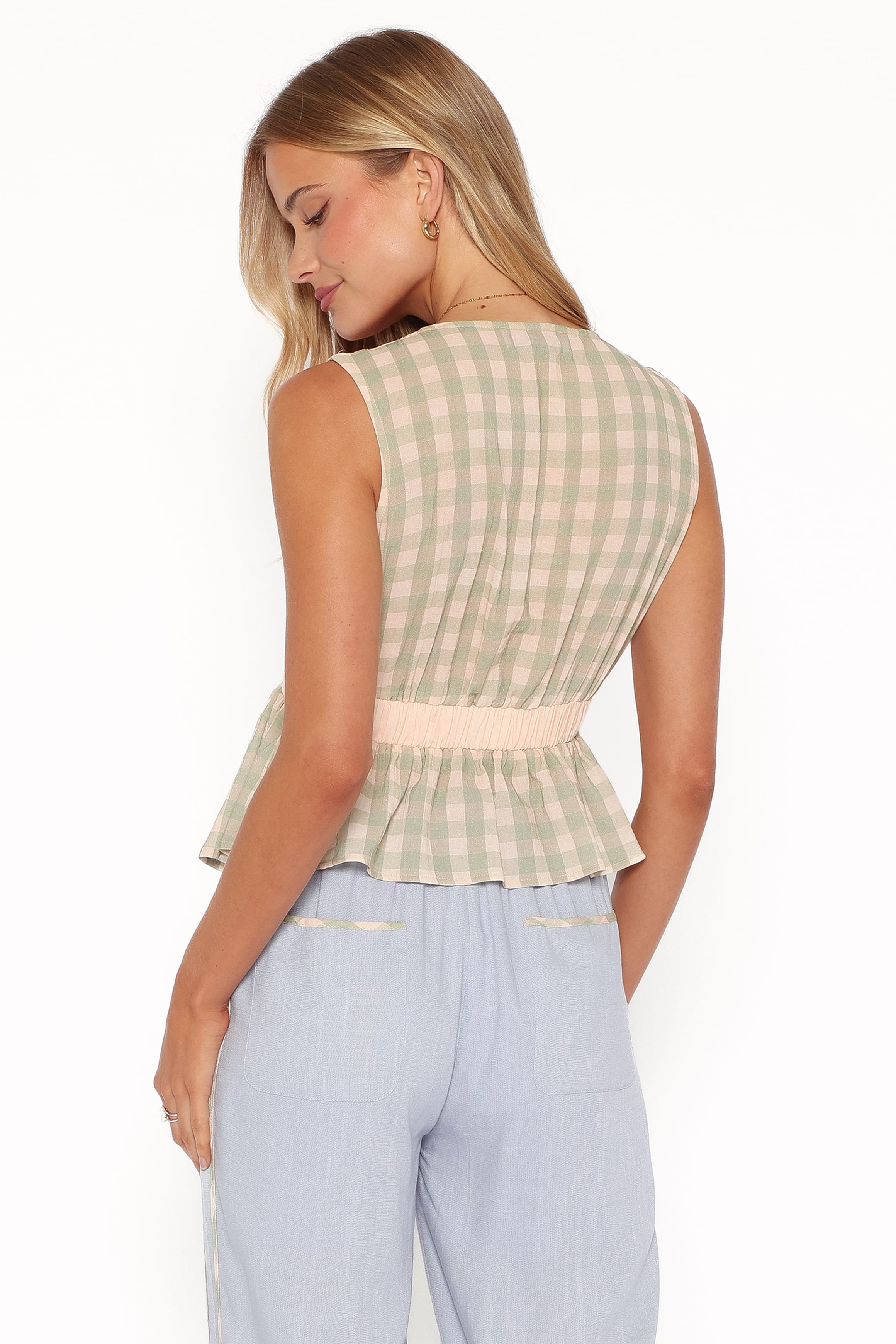 Solace Peplum Top - Green/Pink Gingham