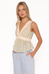 Solace Peplum Top - Green/Pink Gingham