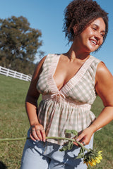 Solace Peplum Top - Green/Pink Gingham