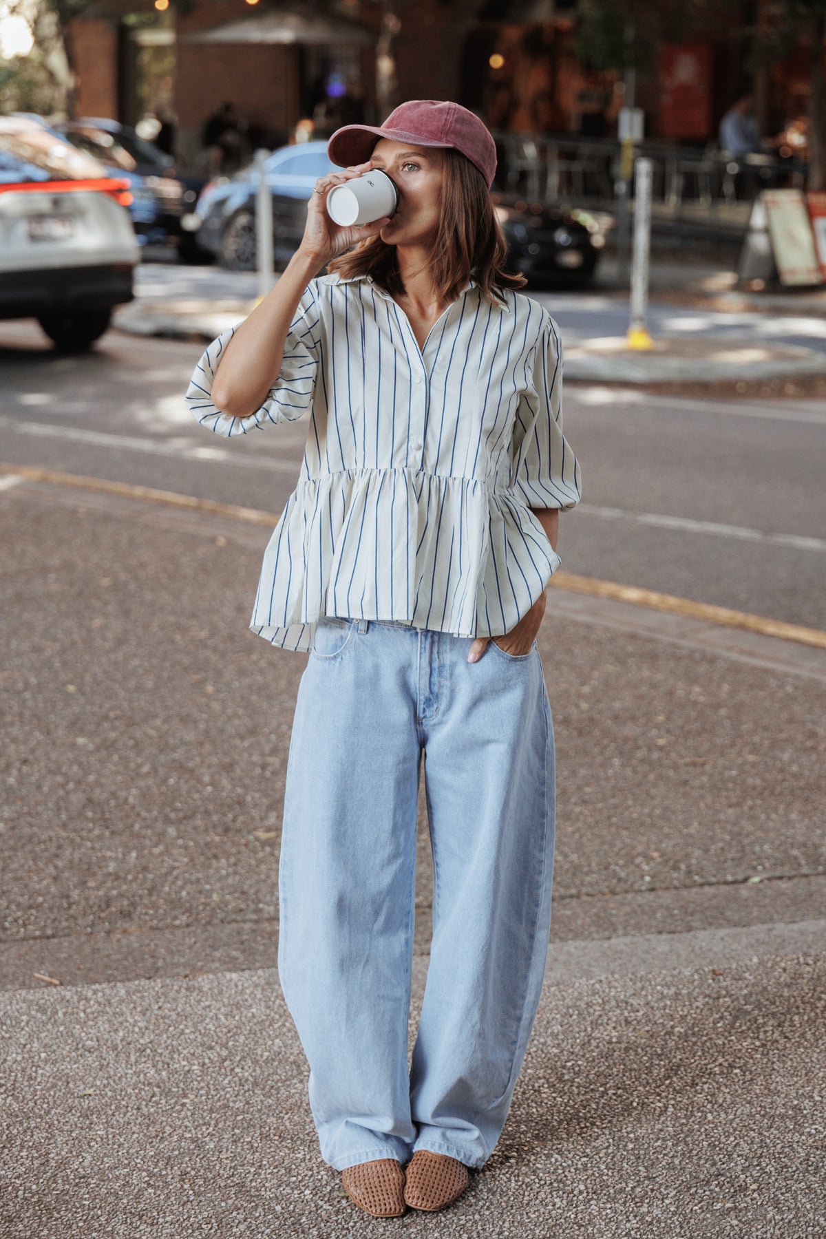 Thomas Short Sleeve Peplum Top - Yellow/Blue Stripe