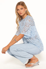 Tia Sheer Lace Tee Top - Light Blue