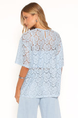 Tia Sheer Lace Tee Top - Light Blue