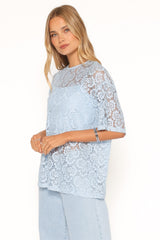 Tia Sheer Lace Tee Top - Light Blue