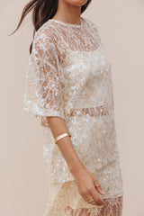 Yonder Sheer Lace Tee Top - Pale Yellow